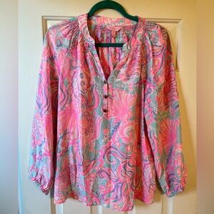 Lilly Pulitzer Elsa 100% silk top Too Much Bubbly print EUC